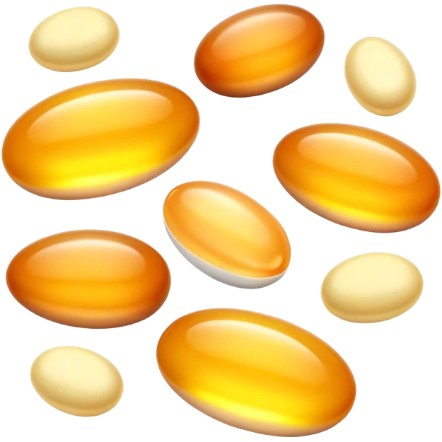 Animal sources of vitamin A: liver, egg yolks, cod liver oil, butter, and fatty fish glowing with a gentle golden aura. These foods emit a soft warm light representing their high content of preformed vitamin A (retinol). emoji