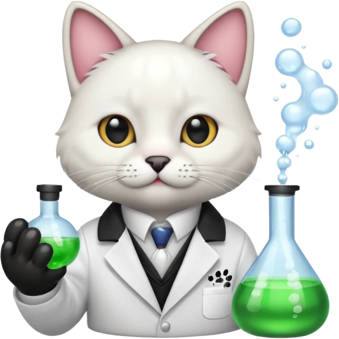 Sleek cat wearing a white coat, paw on a bubbling flask. emoji