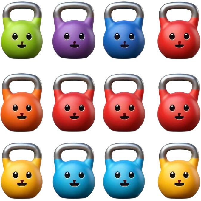 6 colorful cartoon kettlebells with faces, arms, legs, white background. emoji