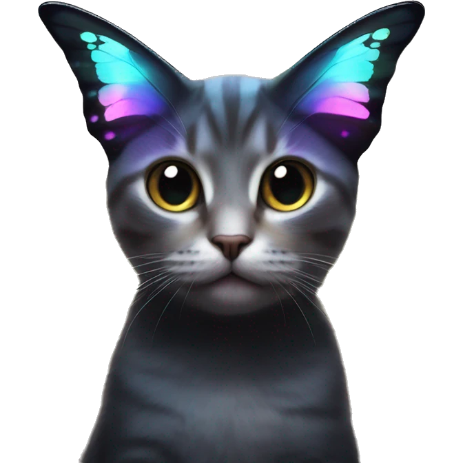 Dark iridescent butterfly glowing on top of cats head  emoji