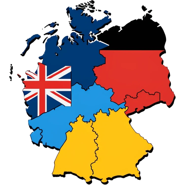 Germania divisa con bandiera US sud-ovest (Monaco, Francoforte), UK nord-ovest (Amburgo, Colonia), URSS est (Berlino Est, Dresda), France sud-ovest (Stoccarda, Friburgo) emoji