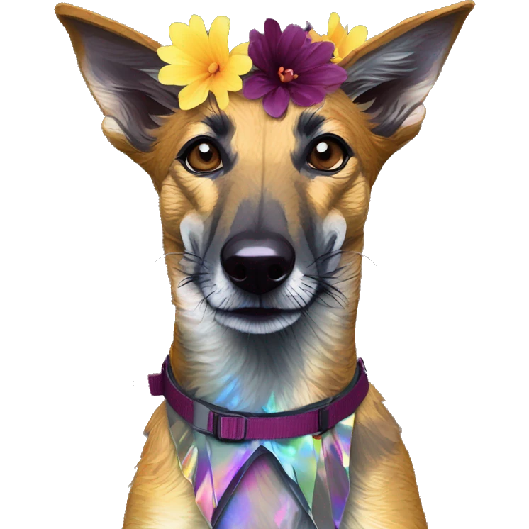  brindle brown black maroon gold lurcher Alsatian fox running blue eyes and iridescent holographic oilslick harness wearing paper iridescent tropical flower crown yellow caution tape emoji