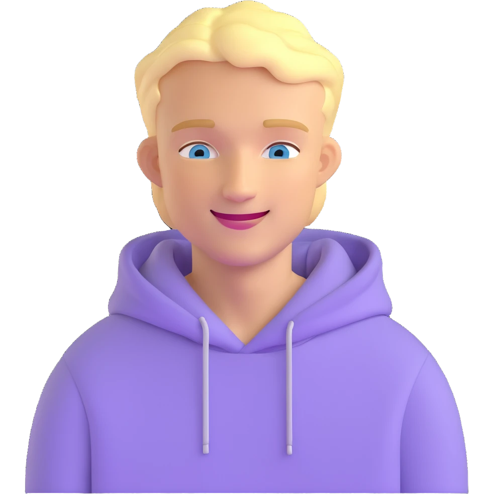 smiling blonde man with blue eyes in a lilac hoodie emoji