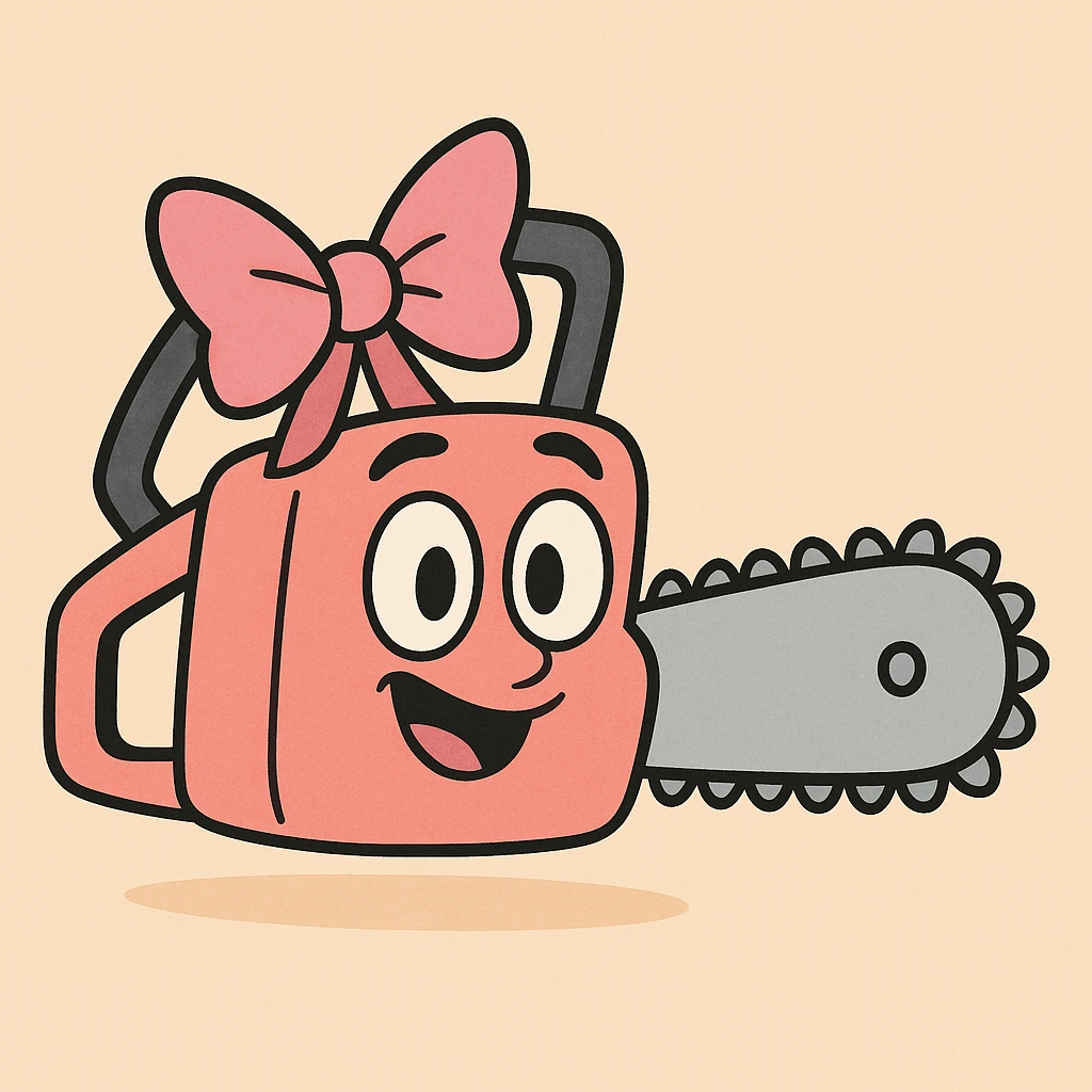 cute chainsaw with a pink bow, cartoon style, adorable, friendly, colorful emoji