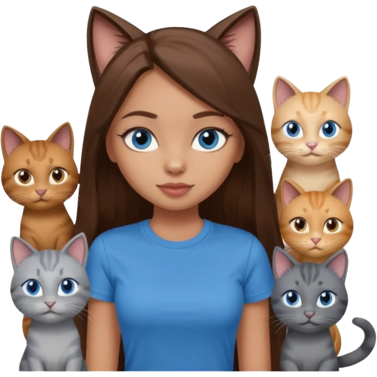 a pretty bratz dusky light skin girl with long brown hair, blue eyes with six cats nd wearing a grey tshirt emoji