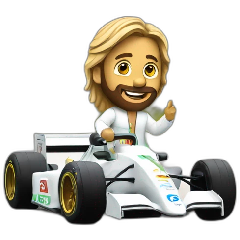 rio jesus statue driving f1 car holding a yorkie emoji