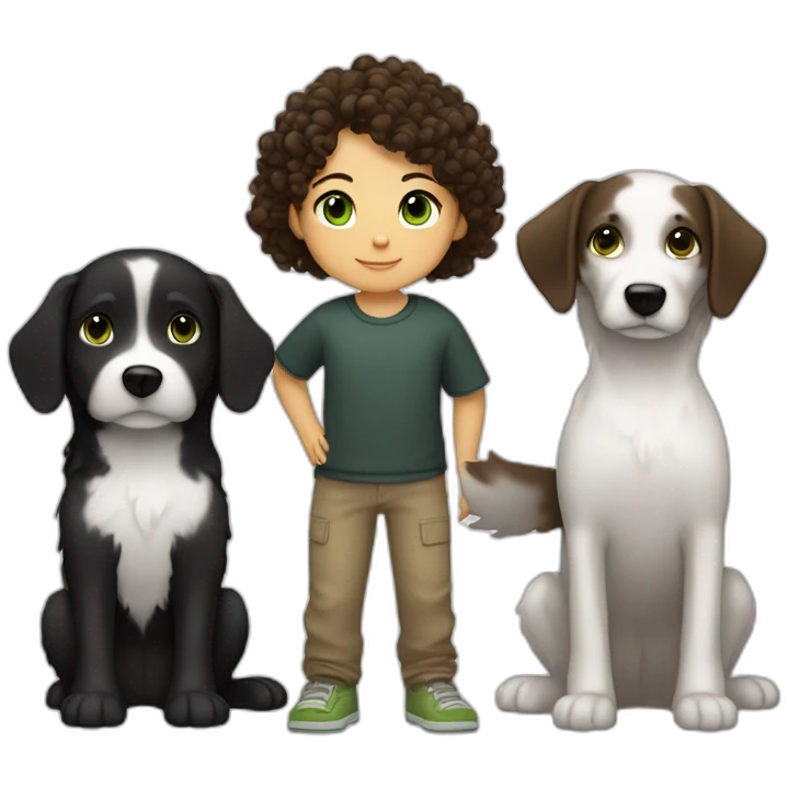girl-with-brown-eyes-and-brown-hair-and-a-boy-with-short-black-hair-and-green-eyes-and-hugs-1-curly-black-and-white-dog emoji