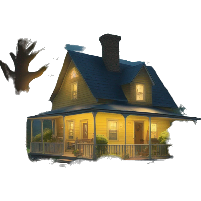  very very big Cabin near a big tree.  Thick moss growing on the roofs. grass fields. porch lights turned off. bright white interior lights turned on. guests sitting in chairs on the porch, flowers and bushes are yellow and blue. emoji