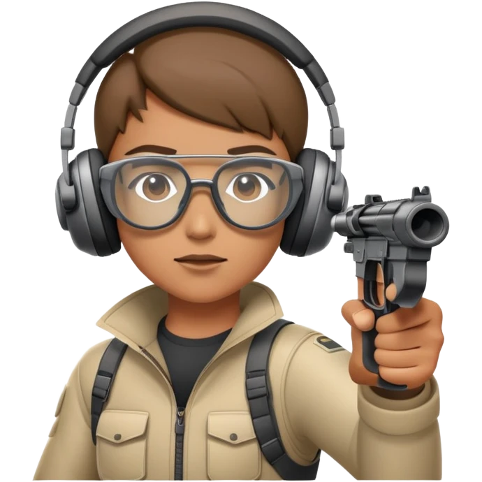 A focused shooter in protective headphones and special glasses, aiming precisely at a target. The setting includes a shooting range with clear markers and a calm, controlled environment, emphasizing concentration, accuracy, and the discipline of the sport emoji