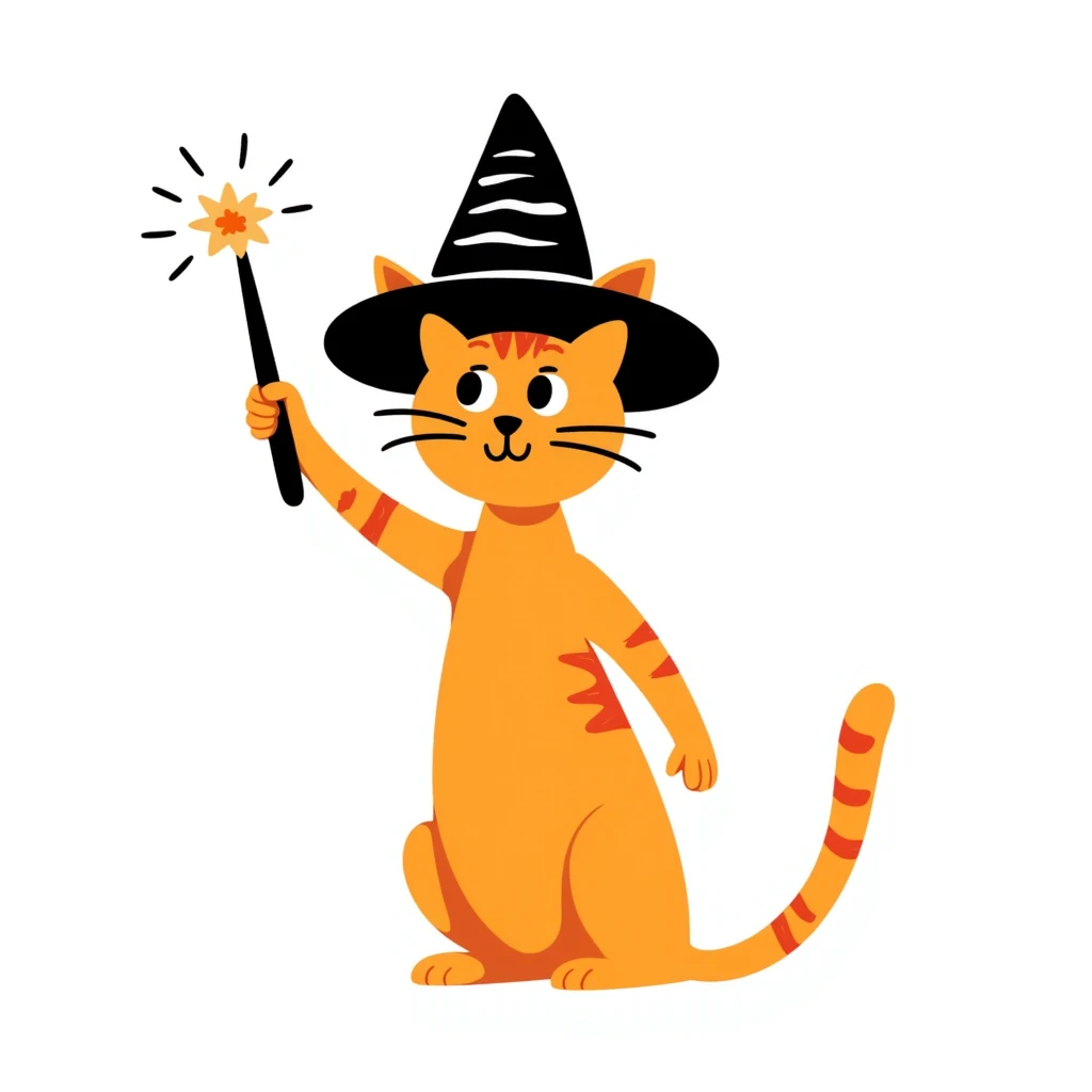 Orange cat wearing a pointy wizard hat and casting a spell with a magic wand emoji