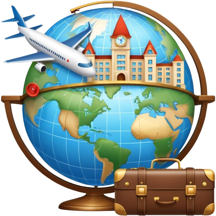 An icon featuring a hotel building, and a globe, symbolizing the scientific study of tourism and hospitality. The design includes a map, a plane and train, a compass, and a checklist, representing travel planning and service management. Transparent background emoji