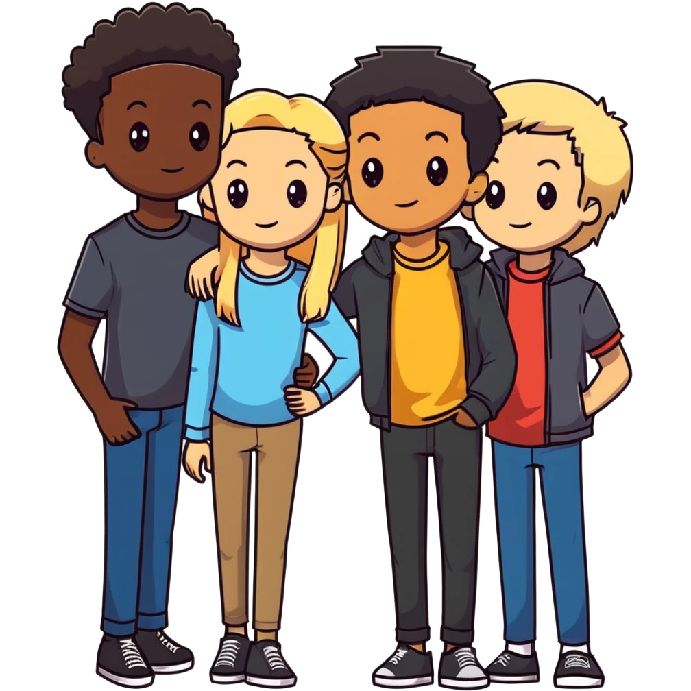 Group of diverse friends standing together, including a dark-skinned boy with straight hair, a light-skinned boy with straight blonde hair, a light-skinned girl with straight black hair, a mixed-race girl with straight brown hair, a light-skinned boy with wavy black hair, a mixed-race girl with dark curly hair, and in the center a light-skinned girl with wavy brown hair emoji