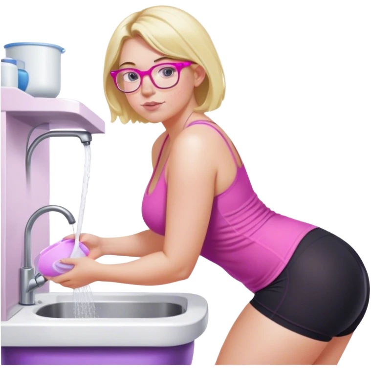 Curvy fair skinned woman, freckled skin, short blond hair, small light purple reading glasses, washing dishes, short flowing sheer hot pink tank top, without undergarments SFW, tight black yoga pants, thick booty emoji