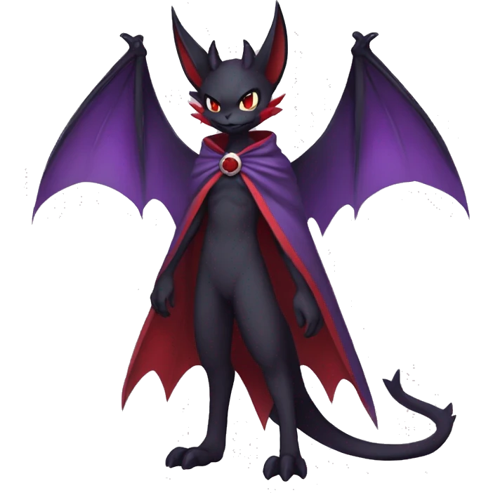  Black Red Purple Anthro Kawaii Edgy Cool Vampiric Demonic Beautiful Noivern-Nargacuga-Litten with big Bat Ears and wearing a cape and collar full body emoji