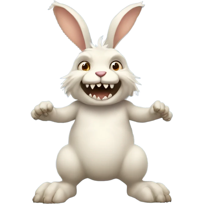 Fluffy standing rabbit with skin colour hands feet and face of a monster with a wide grin across whole face with nine triangle teeth emoji