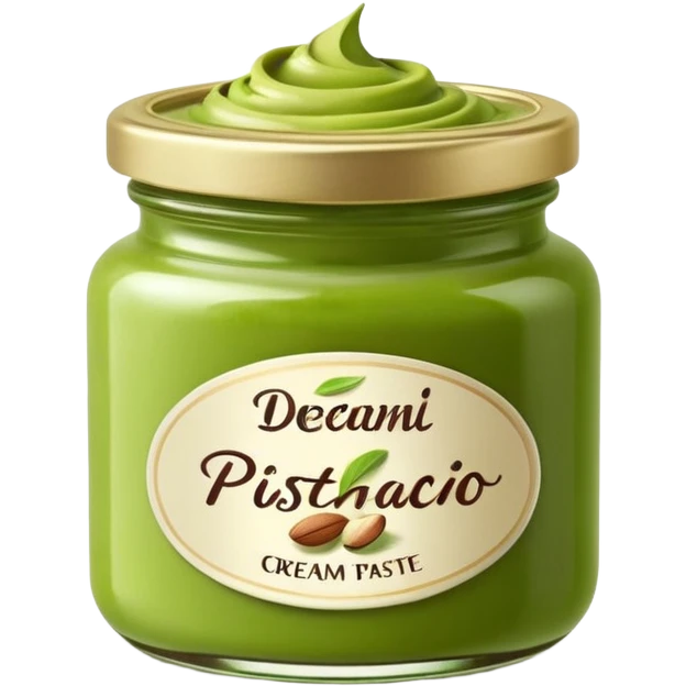 small jar of creamy pistachio paste with rich green color and smooth slightly glossy swirled surface, minimal jar with round cap, no branding, partially open to reveal vibrant spread, soft lighting, subtle shadows, emoji scale emoji
