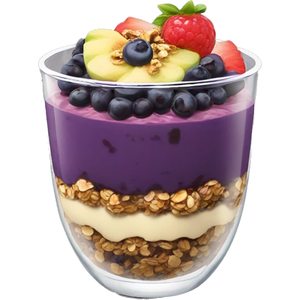 Açaí in a clear cup with layers of fruits and granola and condensed milk emoji