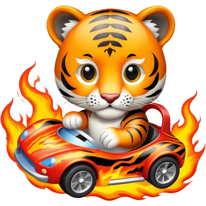 cute tiger holding toy hot wheel car on fire emoji