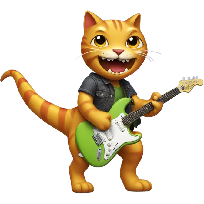Cat riding a dinosaur playing an electric guitar  emoji