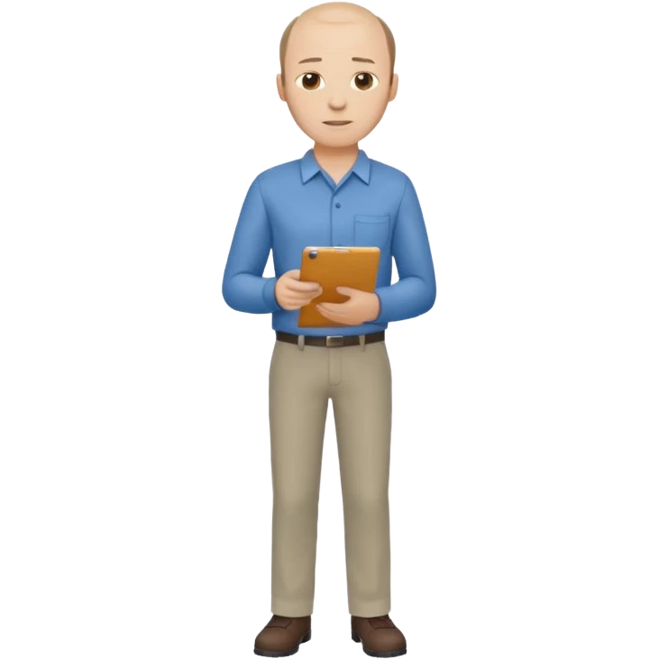 man mid 30's shirt and trousers balding hairline standing holding a clipboard emoji