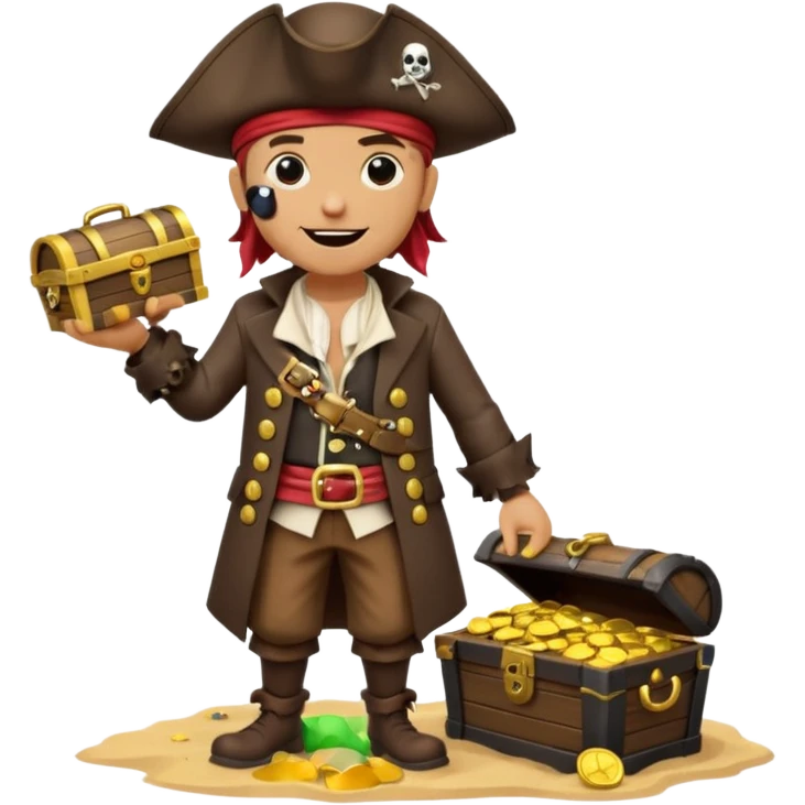 A 3D cartoon pirate character with one eye covered by a black eye patch, holding a treasure chest filled with gold coins and jewels, standing on sandy ground, wearing a pirate hat and coat, warm sunset lighting, realistic Memoji-style rendering. emoji