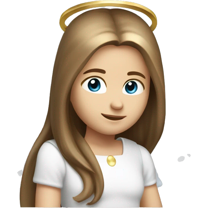 Caucasian brunette angel with long straight hair, dimples, big blue eyes, golden hoop halo over head and wings on back emoji