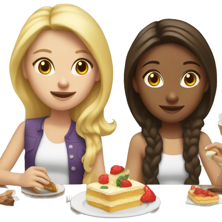 Blonde and brunette, white girls eating brunch. The brunette has a birthday party hat on  emoji
