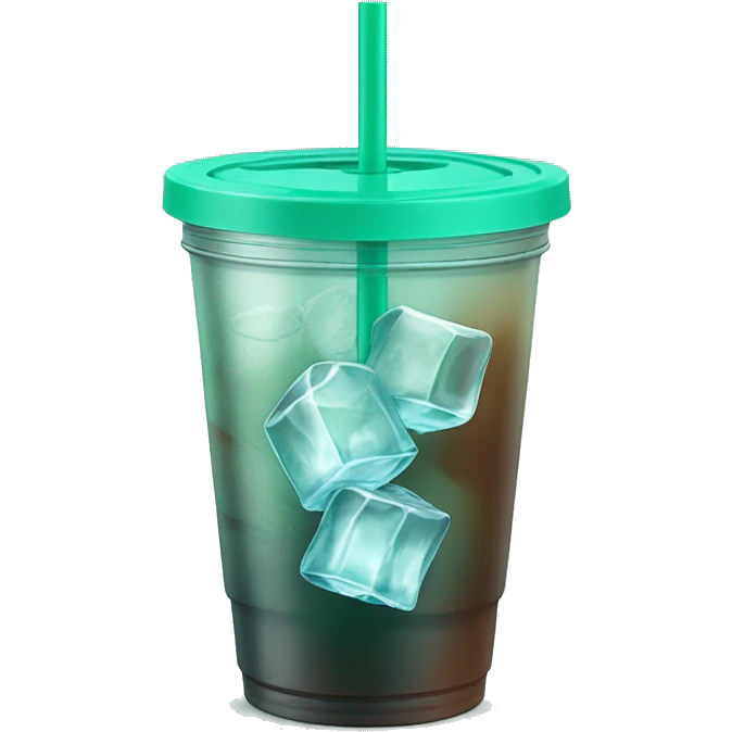 Realistic plastic cup and lid with half full Transluscent dark mint green and large ice cubes inside and one straw through the top of the lid. emoji