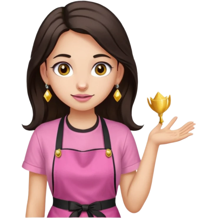 Fille cheveux long châtain foncé, peau beige type européen yeux marron, teeshirt rose avec un tablier noir, piercing au nez anneau doré, boucle d’oreille type diamant doré. Elle fait les ongles nail artiste sur le tablier écrire NIELART en rose  emoji