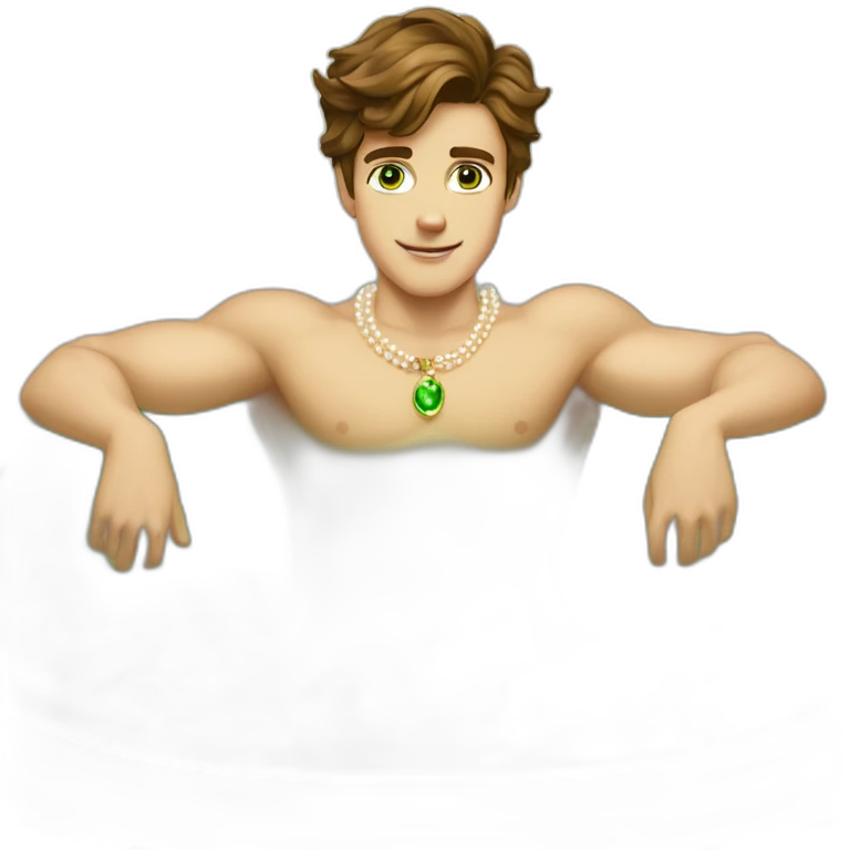 Posh-muscle-boy-brown-hair-green-eyes-pearl-necklace-in-golden-bathtub-legs emoji