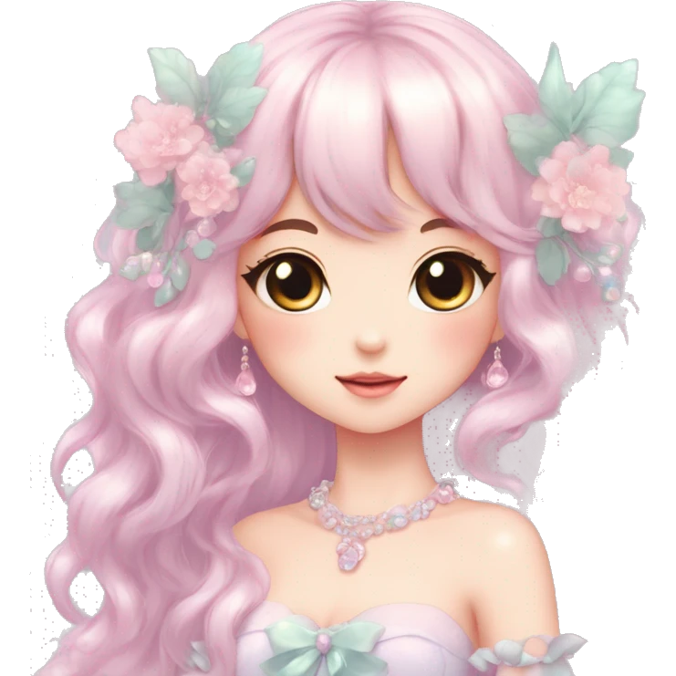Dreamy pretty elegant kawaii shiny blushing shy anime pastel lady kawaii beautiful hair naturecore fairycore cottagecore jewels trending aesthetic full body emoji