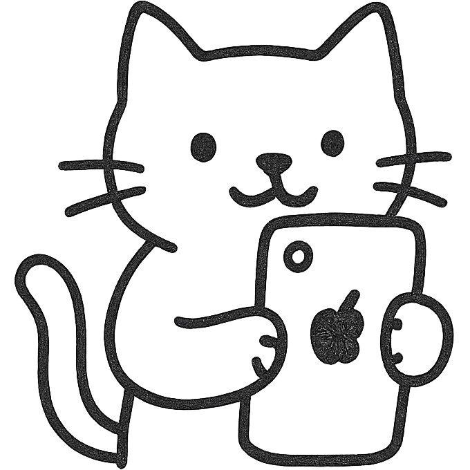 cat holding an iPhone, hand drawn outline style emoji