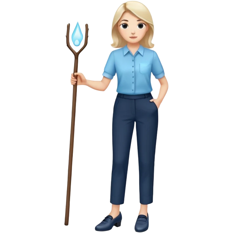 female smart light blue blouse, dark trousers, shoes. one hand holding a stick emoji