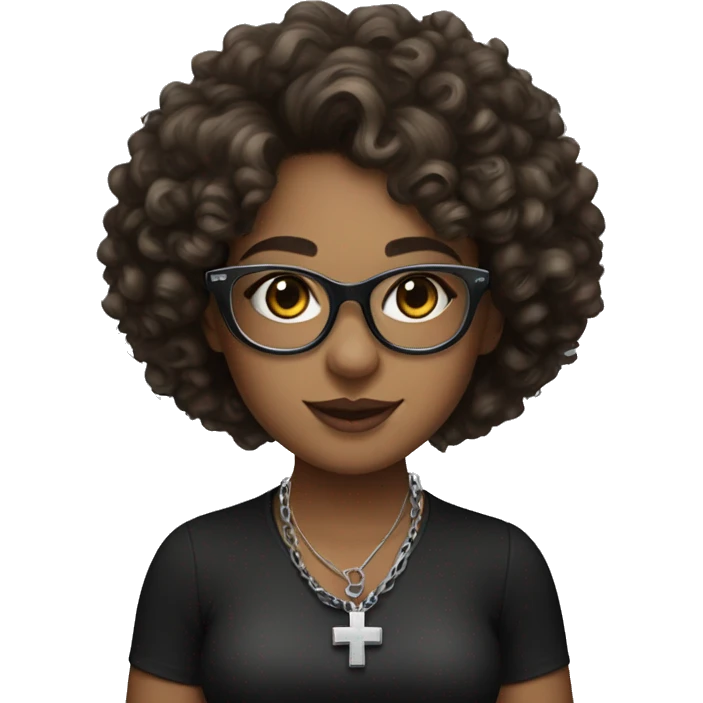 Make a girl with curly haired brown leopard glasses with a silver cross necklace around her neck and a black cleavage top emoji