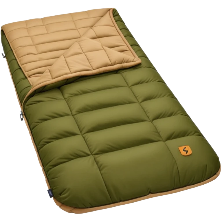 sleeping bag in blue/yellow to olive & tan (#7D7A52 / #E1C699). emoji