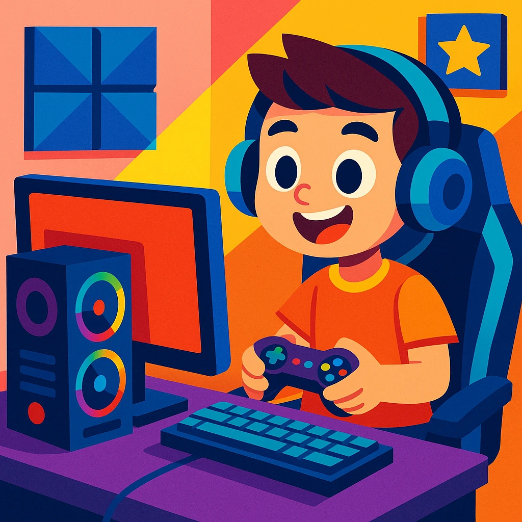 a young boy with a gaming setup, modern and fun, vibrant, playful, colorful, energetic emoji