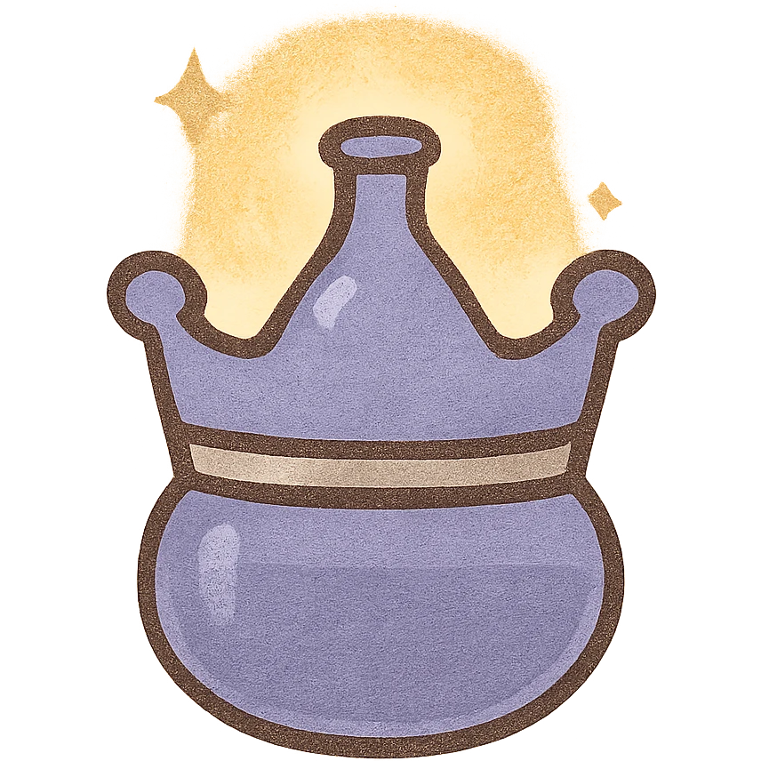 minimalist small crown-shaped luxurious elixir bottle, color #7986cb, subtle silver accents, soft magical glowing effect, very small neck, seamless bottom, floating, no base or shadow, modern, matching a collection emoji