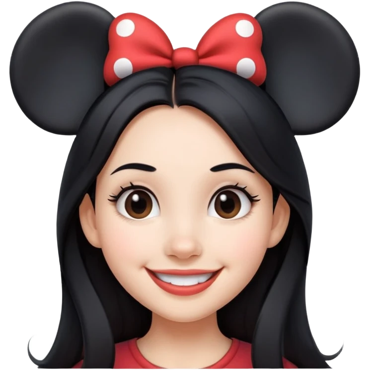 smiling girl with long black hair wearing Mickey Mouse ears from Disney world emoji