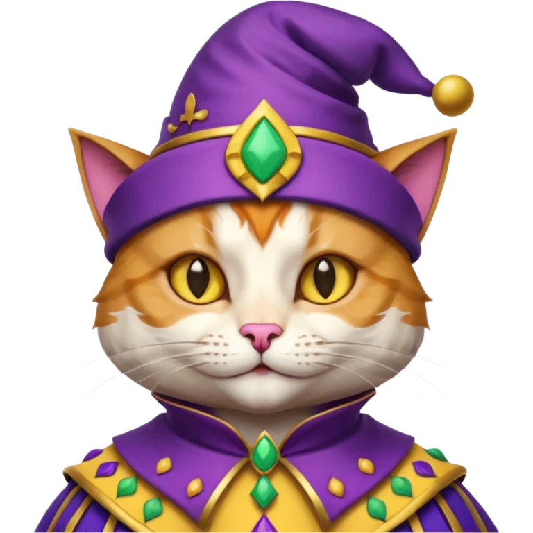crazy colorful cute little cat jolly joker from poker, medieval, vintage, court jester, mac os icon, purple and yellow color, half body emoji