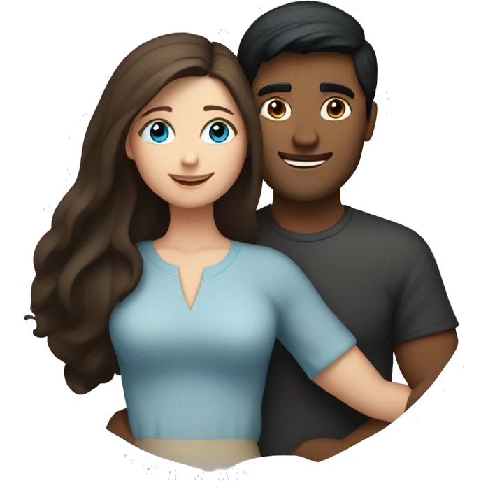 Couple embracing with arms around each other; white woman with blue eyes and brown hair, Indian man with black hair  emoji