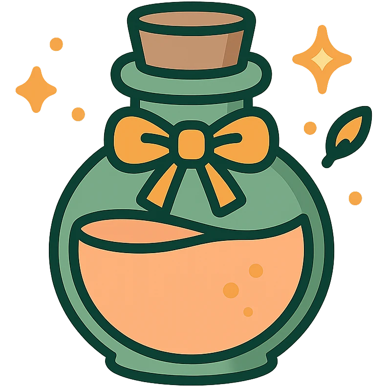 "A cute potion bottle with a whimsical and cozy design, featuring soft and warm colors: golden orange (FA9B41), deep forest green (4A7C5C), muted taupe brown (96775A), and pastel peach (FFCC9A). The bottle is small, round, and slightly vintage in style, with a cork stopper and a delicate ribbon tied around its neck. The potion inside glows faintly with a peachy-orange hue. Surroundings include soft lighting and a magical atmosphere, possibly with sparkles or tiny floating leaves, emphasizing a warm and enchanting mood. The style is charming, storybook-like, and detailed." emoji