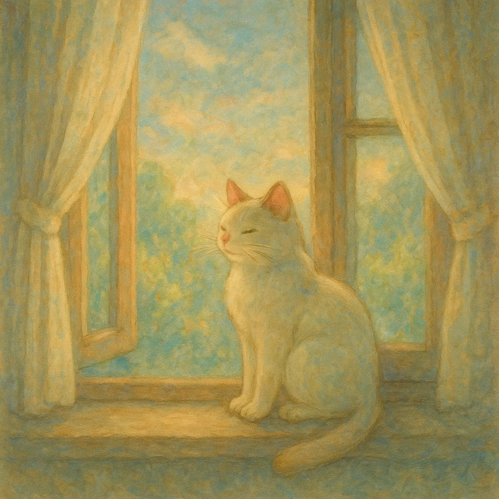 cat sitting on a windowsill, dreamy lighting, soft painterly textures, whimsical and peaceful, Ghibli style emoji