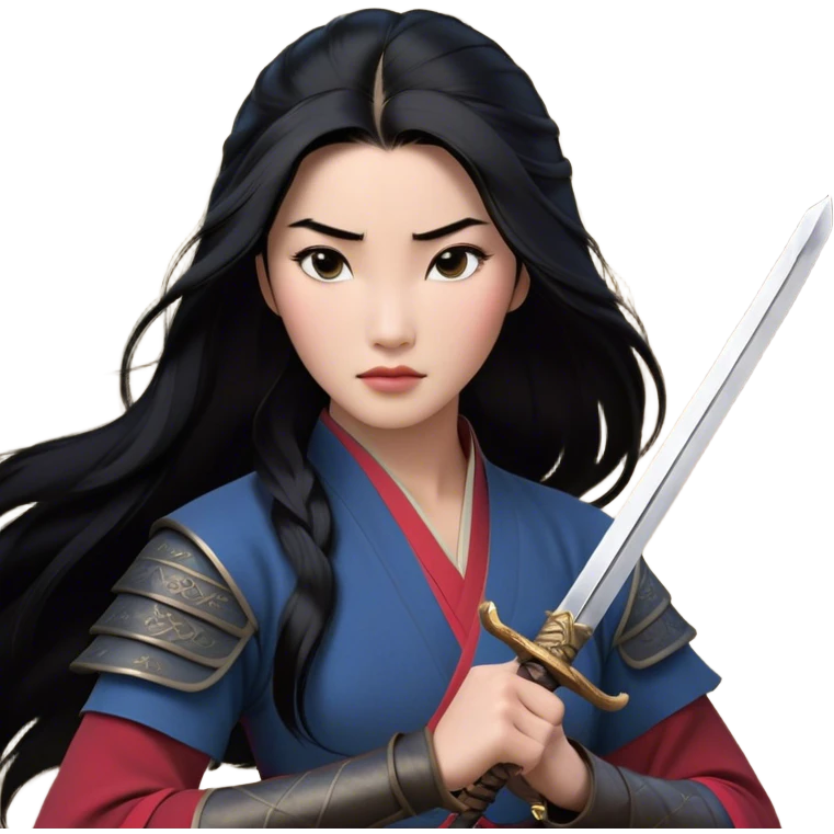 Cinematic Realistic Mulan Portrait, depicted with lifelike skin texture, soft natural lighting, and intricately detailed long black hair styled elegantly. Her deep, expressive eyes exude determination and grace, complemented by a serene yet confident expression. She stands with one hand resting on the hilt of her sword, the other by her side, exuding strength and poise. She is dressed in her classic attire, with rich fabric textures and delicate folds that catch the light beautifully. The portrait features a soft, enchanting glow with a natural, radiant finish, capturing the essence of timeless strength and beauty in a realistic and painterly style, evoking a sense of depth and authenticity. emoji