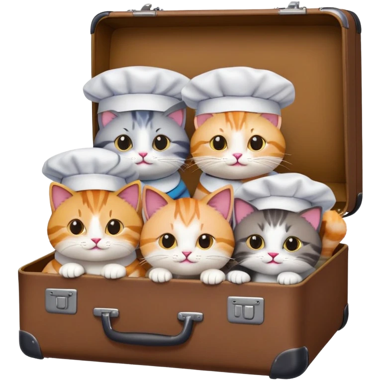 a group of cats, all but one wearing chef hats, sitting together inside a big suitcase, emoji style emoji