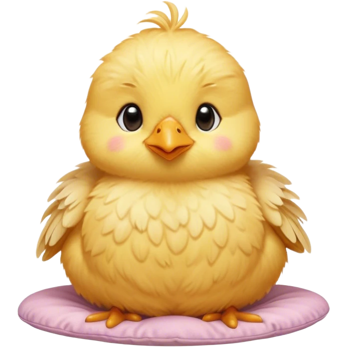 Cinematic round fluffy chick, golden yellow, tiny beak and feet, soft downy feathers, sparkling gentle eyes, sitting on a pastel-colored cushion, radiating warmth and sweetness. emoji