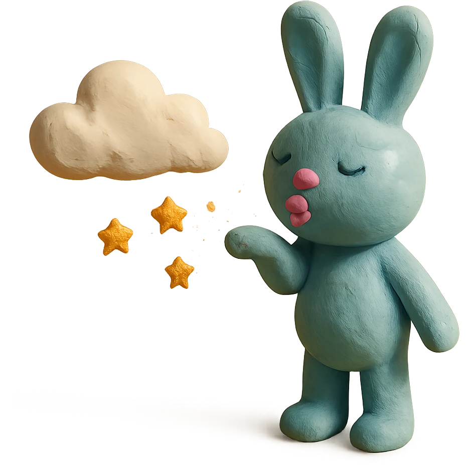 full-body pastel blue bunny with cloud, blowing a kiss with sparkles, claymation style emoji