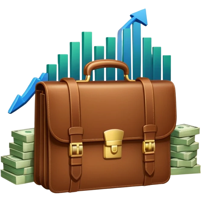 An icon showing a briefcase, a stack of money, and a graph with upward growth, representing business and entrepreneurship. The design highlights innovation, investment, and success in the world of startups and corporate ventures. Transparent background emphasizes the dynamic nature of business. emoji