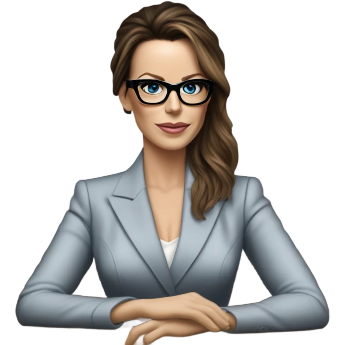 Hyper Realistic photo Kate Beckinsale blue eyes wearing glasses in a business meeting high fashion  emoji