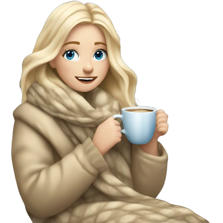 Blonde hair blue eyed white girl covered in blanket winter vibe sitting on a cozy chair holding coffee sitting next to a snowy window emoji