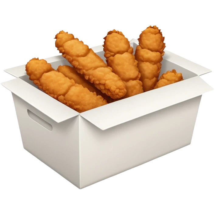 a frontal rectangular white box with no lid, filled with crispy fried chicken fingers emoji